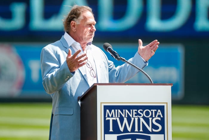 Aug 21, 2022; Minneapolis, Minnesota, USA; Minnesota Twins former player Dan Gladden addresses the crowd as inducted into the Twins hall of fame before the game with the Texas Rangers at Target Field.